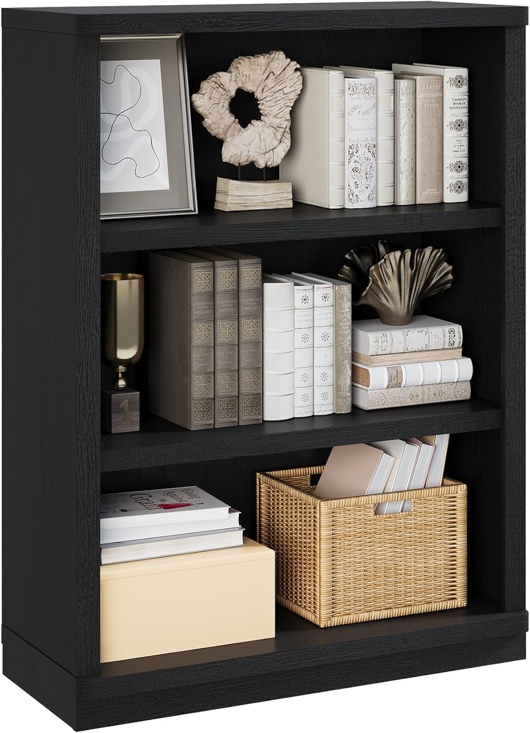 Rresyet 3 -Tier Bookcase and Book Shelf, 31” Wide Bookshelves, Wooden Bookcase Display Storage for Home Office, Living Room and Study Room (Black)