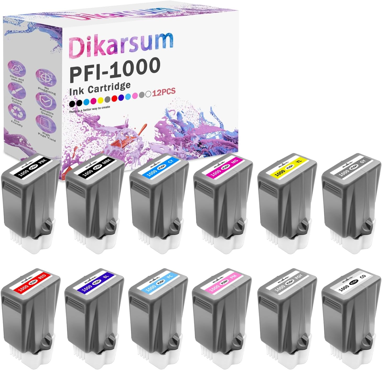 Dikarsum PFI-1000 Compatible Ink Cartridge with Pigment Ink Replacement for Canon PFI-1000 use in imagePROGRAF PRO-1000 (12PCS MBK PBK CY MG YL GY PC PM PGY Red Blue CO 80ML)