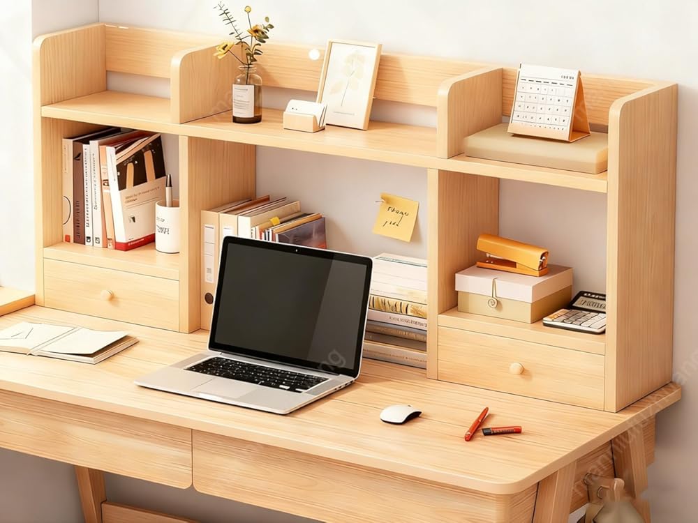 Wooden Desk Hutch Organizer, Multipurpose Bookcase Storage Display Rack for College Dorm, Office, Home (Yellow, 120x52x16cm)