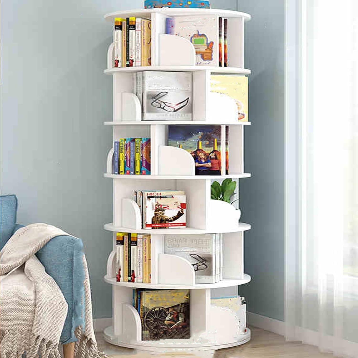 4/5/6Tier Rotating Bookshelf Tower，rotating Book Shelf Floor-standing Multi-layer Storage Rack Corner Book Shelf，Corner Bookshelf For Small Space Modern-chic Revolving Bookshelf For Small Spaces(White