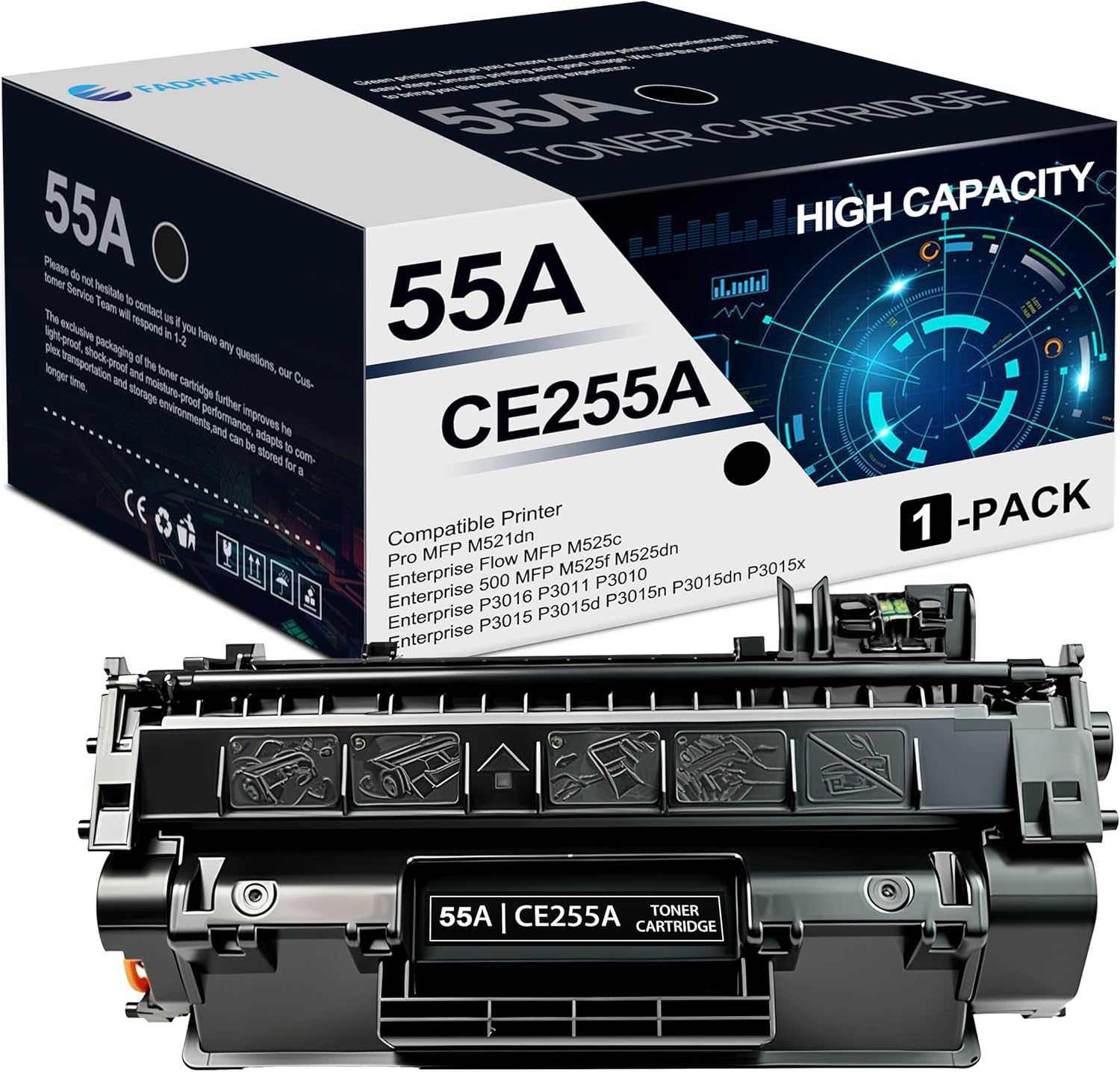 CE255A 55A Black Toner Cartridge 1 Pack - Compatible Replacement for HP 55A Laser Enterprise P3015 P3015dn P3015n Enterprise 500 MFP M525 M525dn M525f Flow MFP M525c Pro MFP M521 M521dn Printers