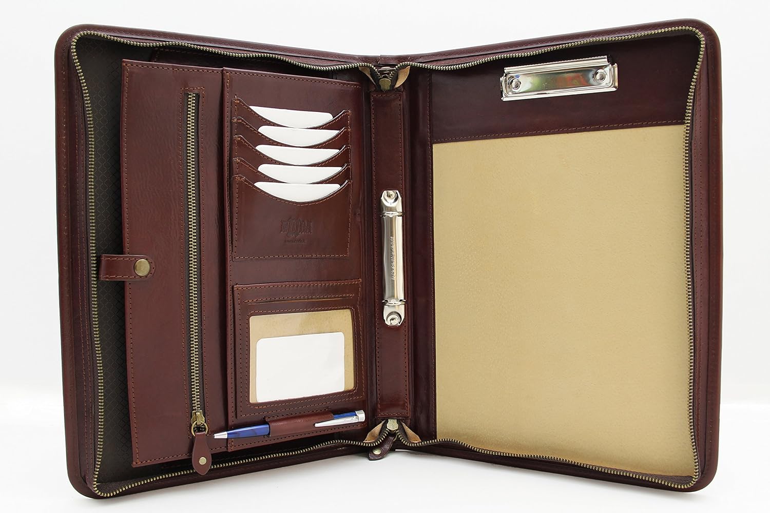 Noda Executive Leather Padfolio 2 Ring Binder Professional Business Portfolio w/Zippered Closure | Resume, Document, Notepad, Tablet, Clipboard, Writing Pad Organizer | Men, Women (Brown)