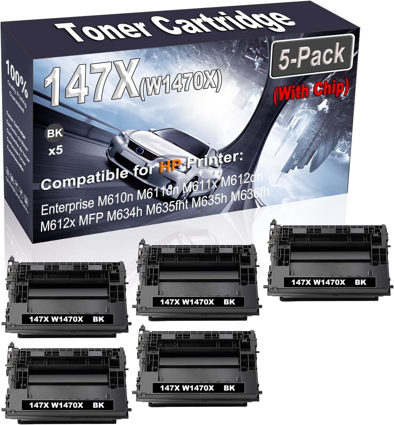 5-Pack (Black) Compatible 147X W1470X (with Chip) Printer Toner Cartridge (High Capacity) fit for HP Enterprise M610n M611dn M611x M612dn M612x Printer
