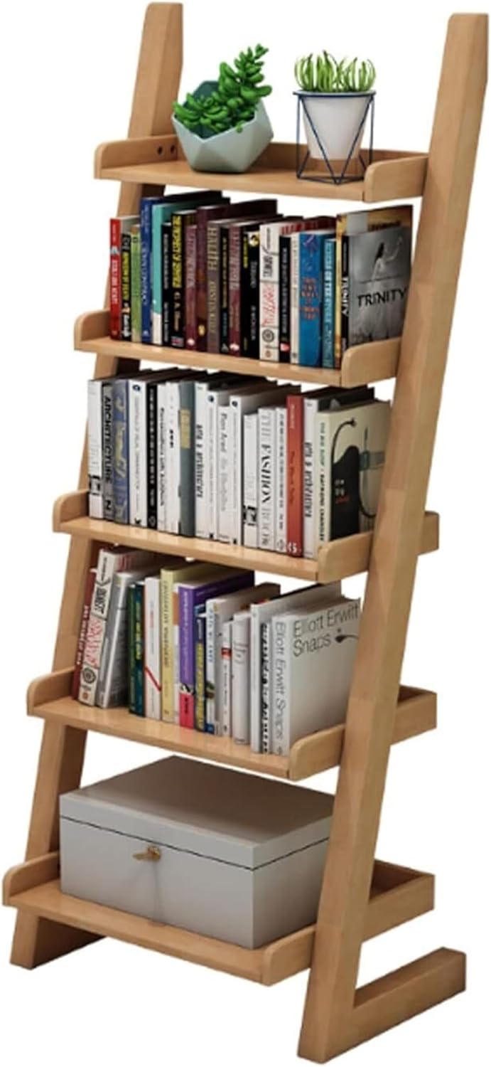 OXOAMP Bookcase Ladder Shelf 5 Tier Leaning Shelf Free Standing Bookshelf Bookcase Solid Wood Storage Rack Shelves, Plant Flower Stand Study Room (Color : Wood, Size : 60.5 * 29 * 140cm)