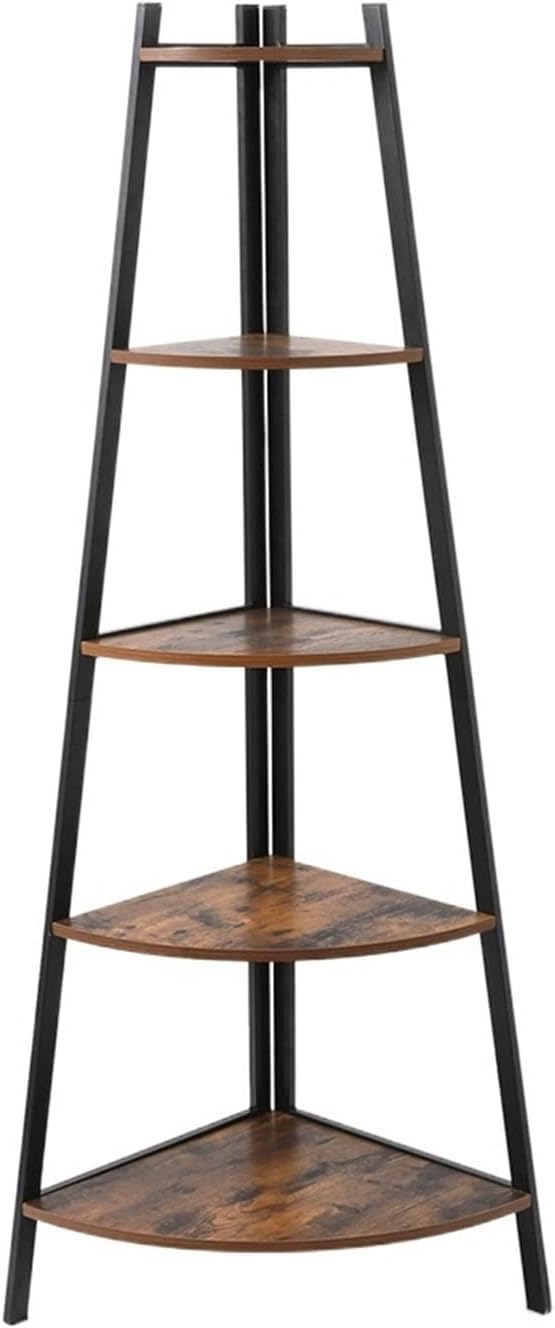 KIRANDY Industrial Corner Ladder Shelf 5-Tier Bookcase A-Shaped Utility Display Storage Rack Plant Stand Wood Look Accent Metal Frame (Color : Rustic Brown)