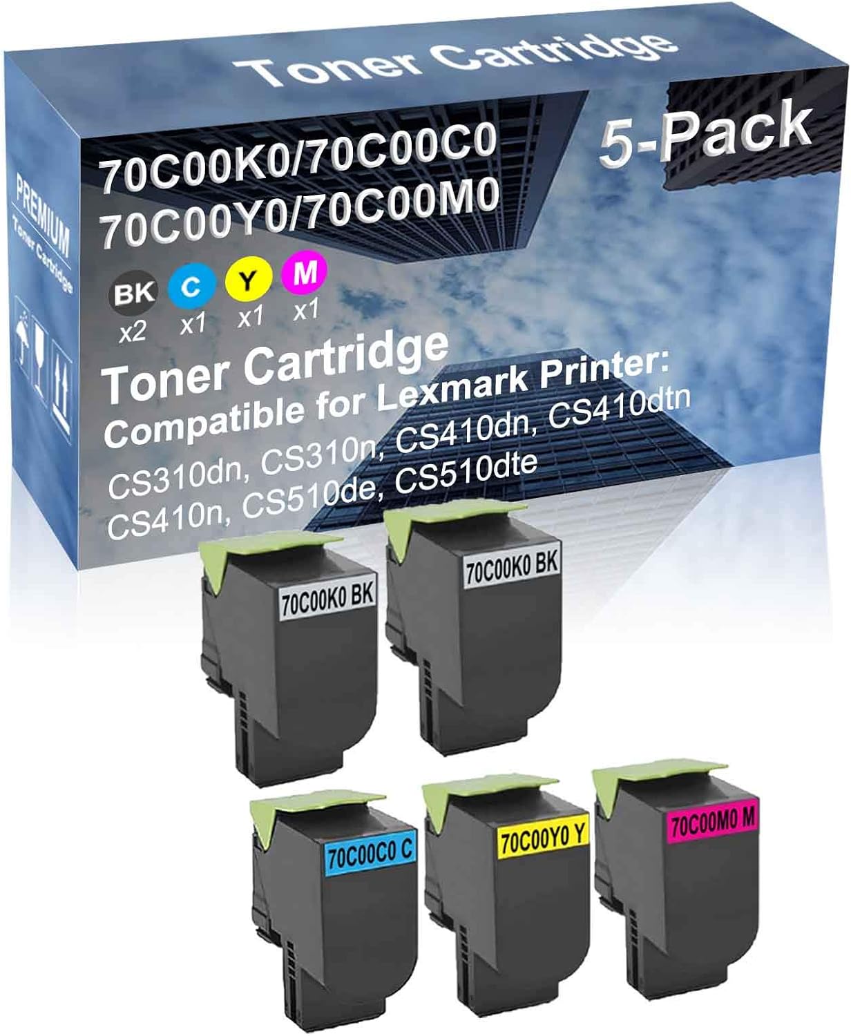 5-Pack (2BK+C+Y+M) Compatible High Yield 70C00K0+ 70C00C0+ 70C00Y0+ 70C00M0 Laser Printer Toner Cartridge Used for CS510de, CS510dte Printer