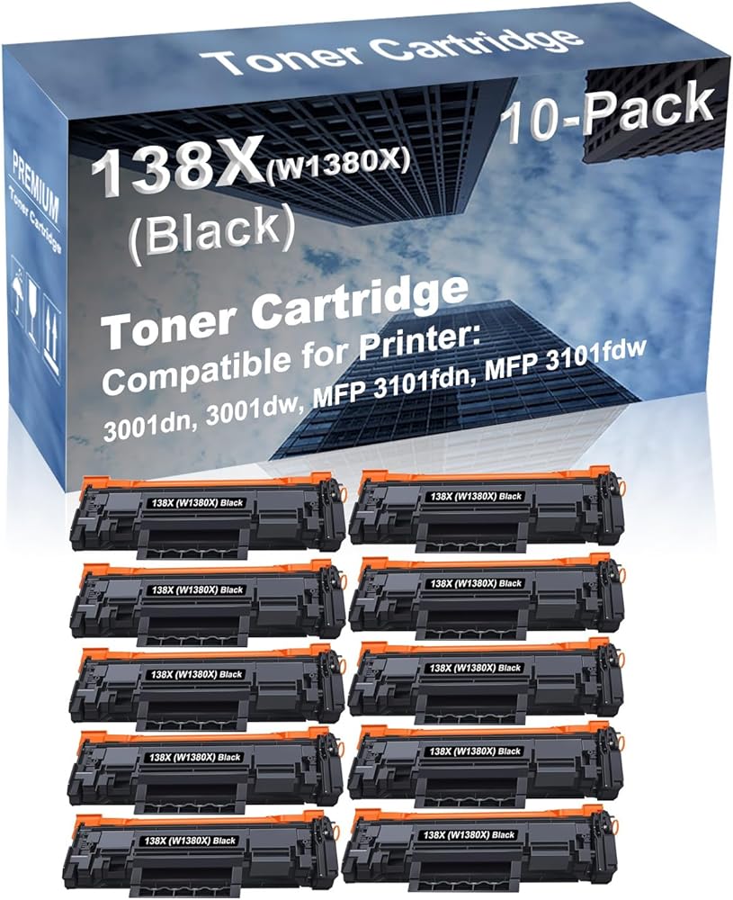 10-Pack Compatible High Yield 3001dn, 3001dw, MFP 3101fdn, MFP 3101fdw Printer Cartridge Replacement for 138X (W1380X) Toner Cartridge (with Chip) (Black)