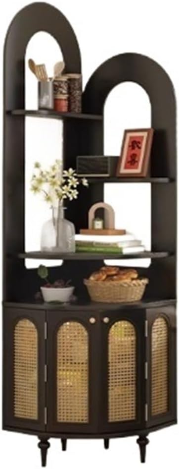 FURUIM2024M Bookcase French Corner Shelf, Vintage Solid Wood Triangular Fan-Shaped Bookshelf, Living Room Storage Cabinet(Black)