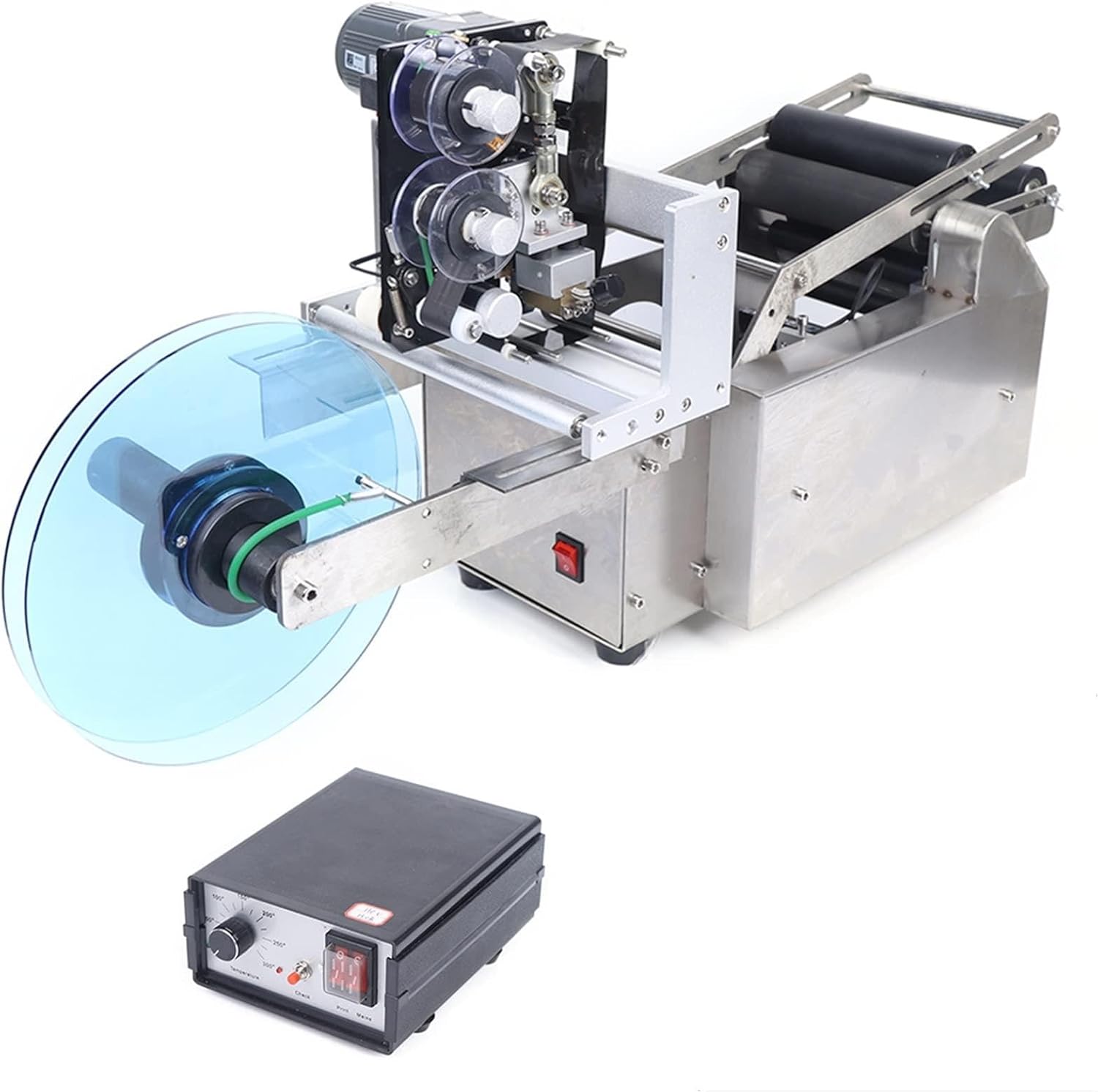 JIBIENI Round Bottle Labeling Machine, Semi-Automatic Coding & Label Applicator, Stainless Steel Movable Labeler with Intelligent Sensor, 20-40Pcs/min, 0.59-4.72in Diameter