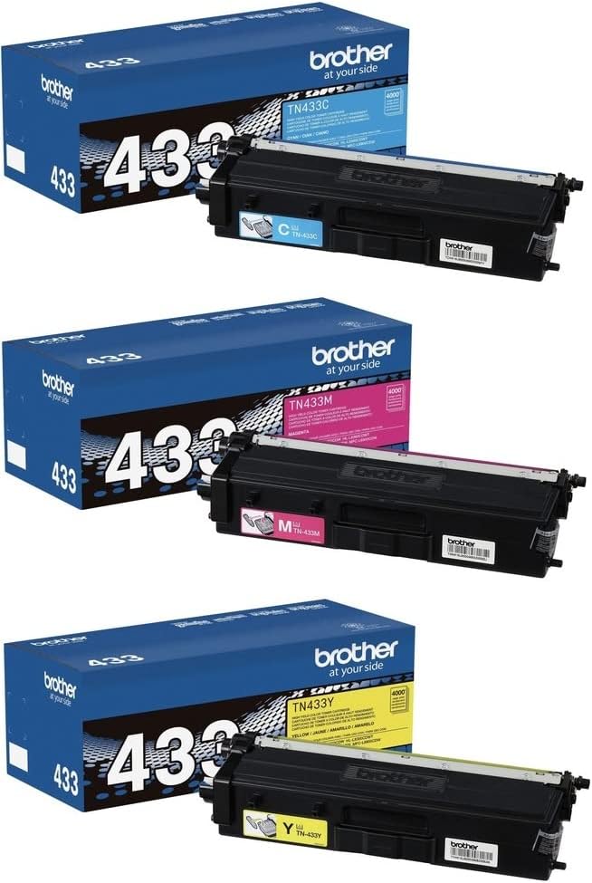Brother Genuine TN433C, TN433M, TN433Y High Yield 3-Color Toner Cartridge Set, Cyan Magenta & Yellow, TN433