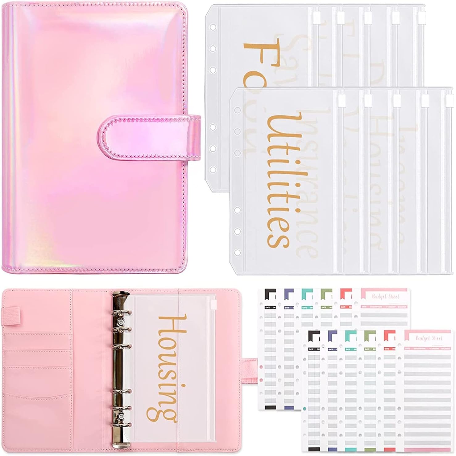 PSJVUR A6 Budget Binder with 10pcs Pre-Printed Cash Envelopes for Budgeting, 12pcs Expense Sheets, Money Organizer for Saving