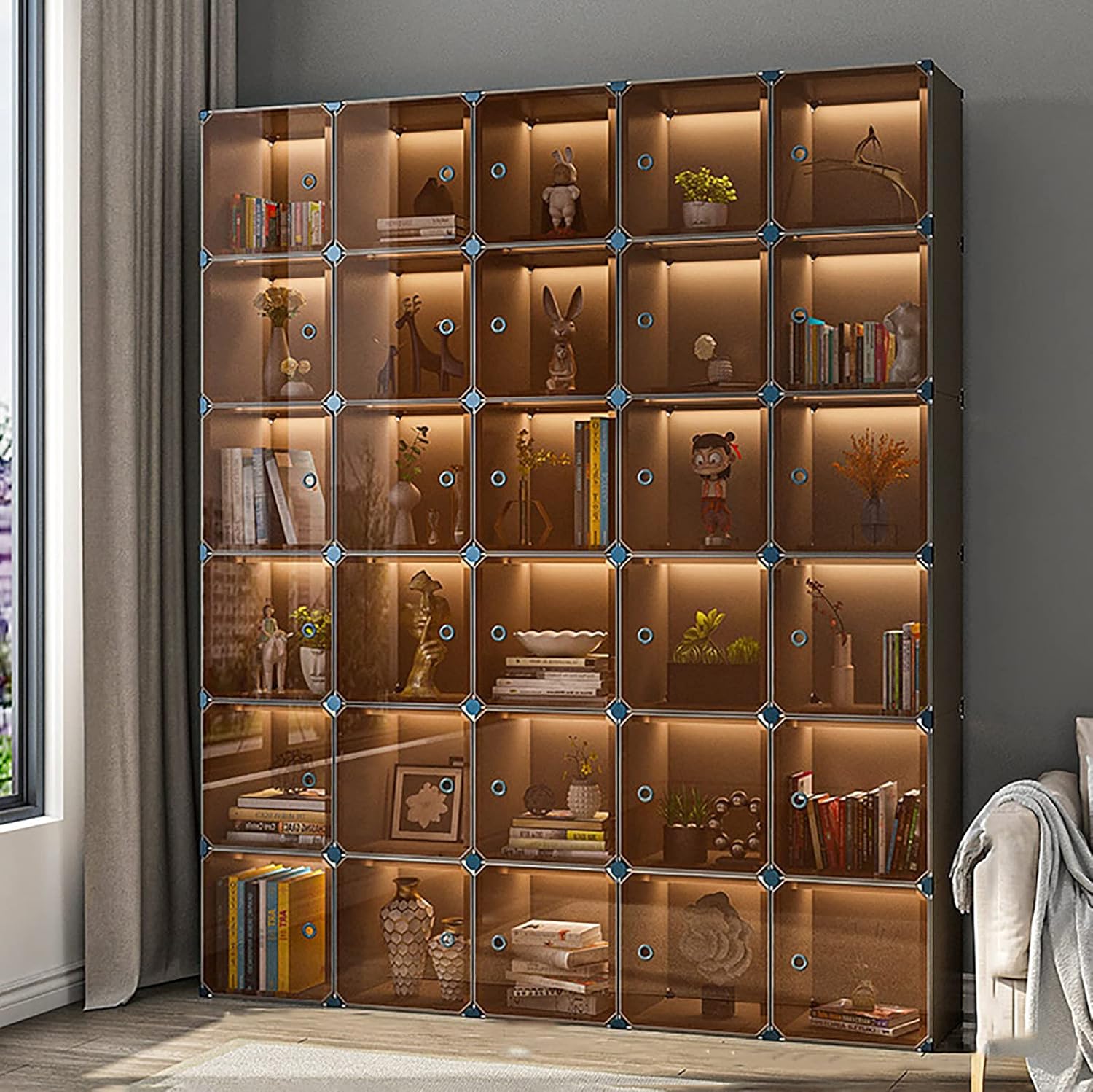 EXCEI Plastic Closet with Doors,Utility Storage Display Cabinet Bookshelf for Office Living Room,DIY Cube Bookcase Storage Organizer,Modular Storage Cabinet-30 Cubes 181x37x217cm(71x15x85inch)