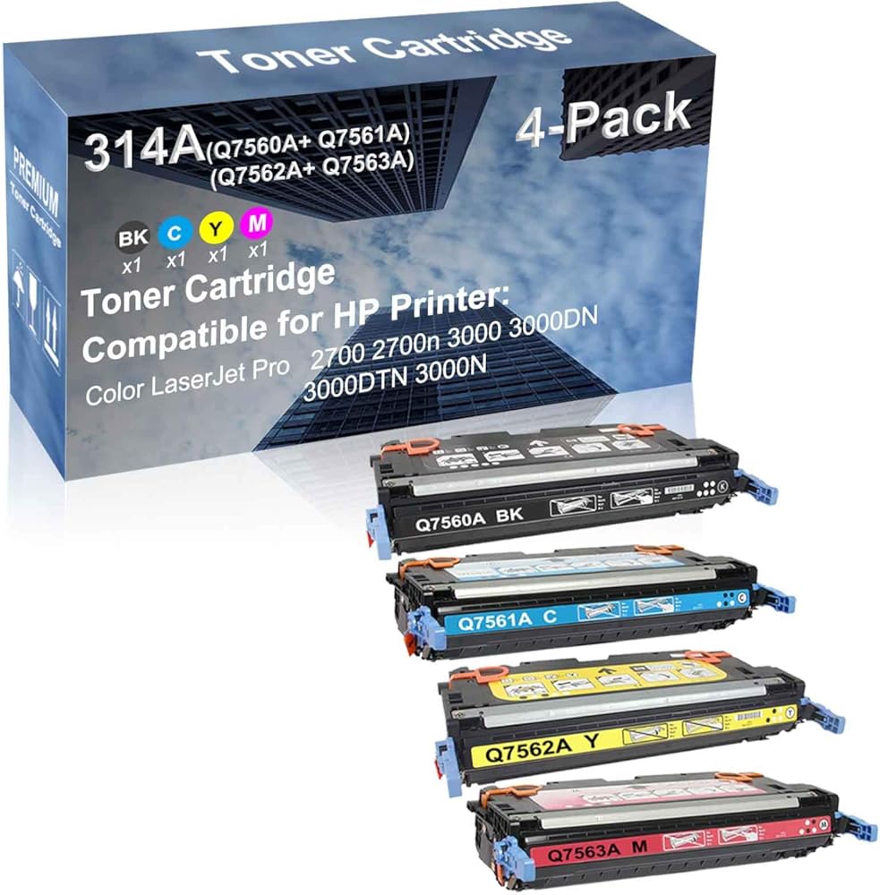 4-Pack (BK+C+Y+M) Compatible High Capacity 314A (Q7560A+ Q7561A+ Q7562A+ Q7563A) Toner Cartridge use for 2700 2700n Printer