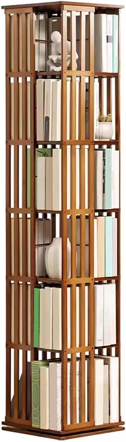 YVYKFZD Rotating Bookshelf Tower, 360° Revolving Bookcase, Bamboo Display Storage Rack, Floor Standing Corner Book Shelf Organizer, for Small Space(Brown,6 Tier 14.5x14.5x70in)