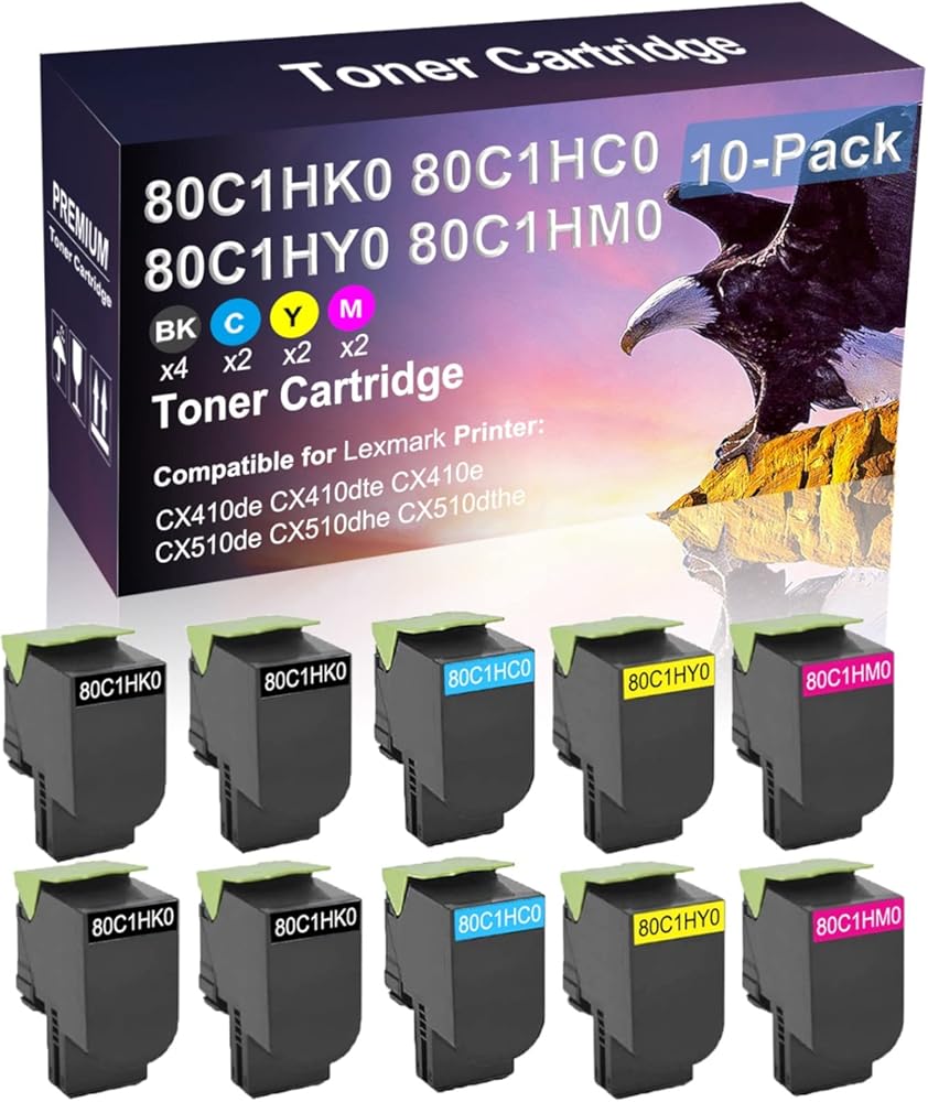 Credibility Store 10 Pack (BK+C+Y+M) Compatible High Capacity Printer Toner Cartridge Replacement for 80C1HK0 80C1HC0 80C1HY0 80C1HM0 Laser Toner Cartridge use for CX410e CX510de CX510dhe Printer