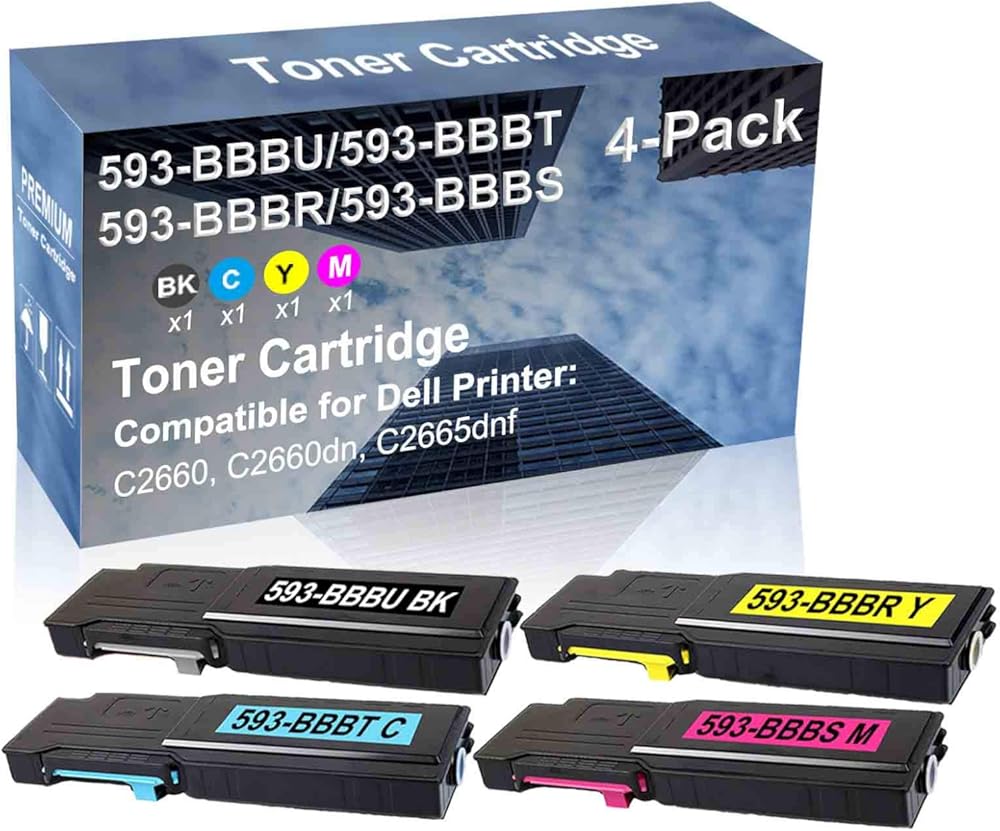 4-Pack (BK+C+Y+M) Compatible High Yield 593-BBBU+ 593-BBBT+ 593-BBBR+ 593-BBBS Laser Printer Toner Cartridge Used for Dell C2660, C2660dn, C2665dnf Printer