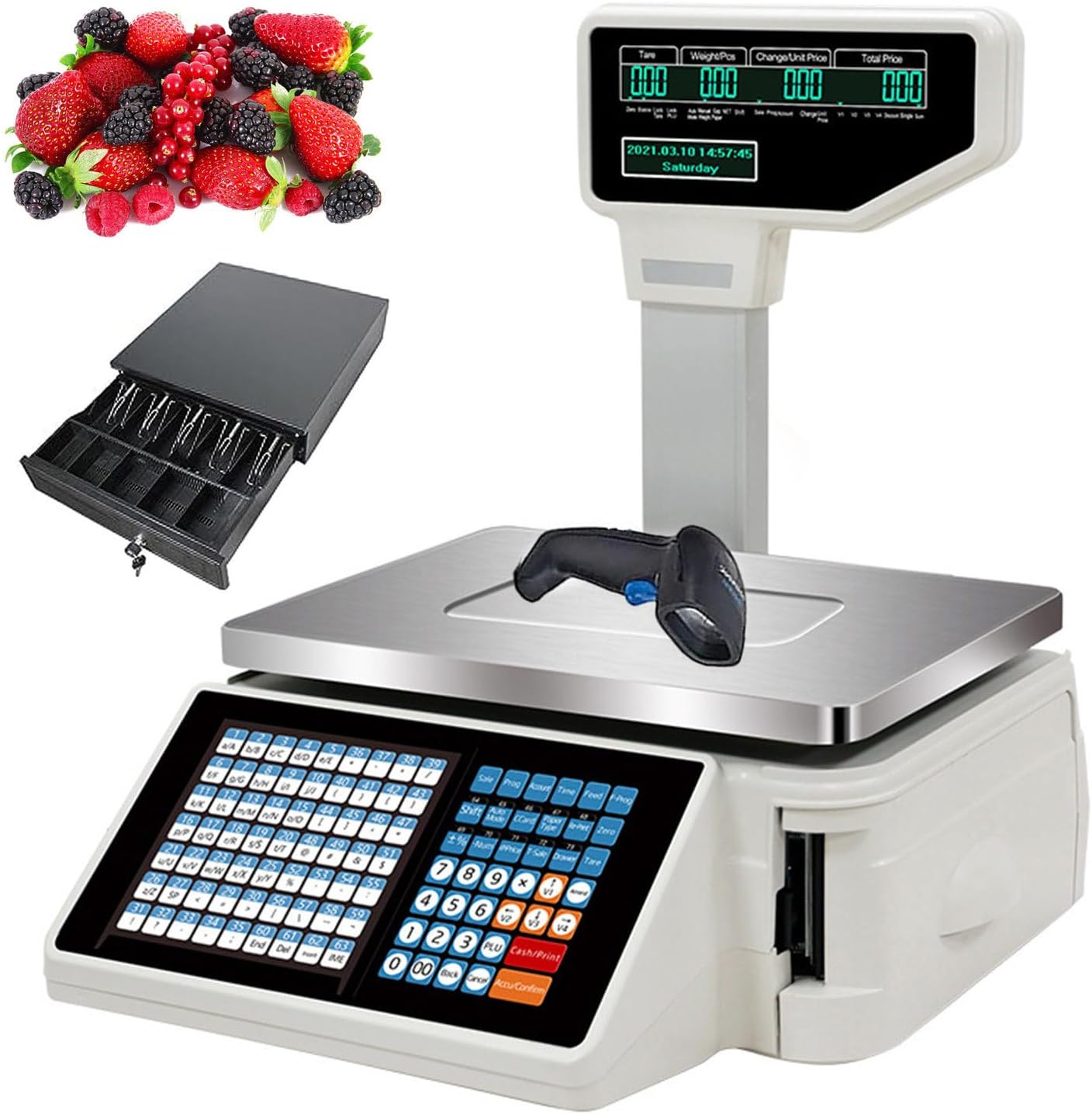 Weight Calculator Barcode Scale,Label Printing Scale,Digital Price Computing Scale,30kg/66lbs Capacity,Food Scale With Thermal Printer,Machine+Scanner+Cashbox