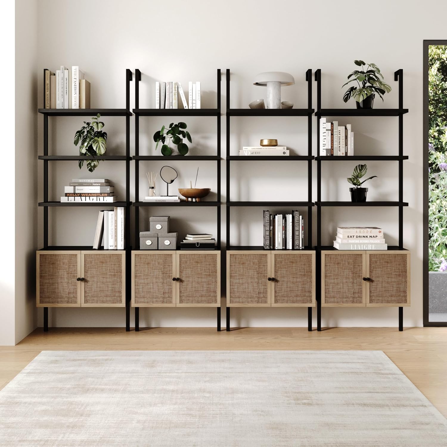 Nathan James Theo Modern Bookcase with Rattan Cabinet in Matte Black and Light Oak Finish with Matte Black Metal Frame for Living Room, Home Office Storage, Set of 4