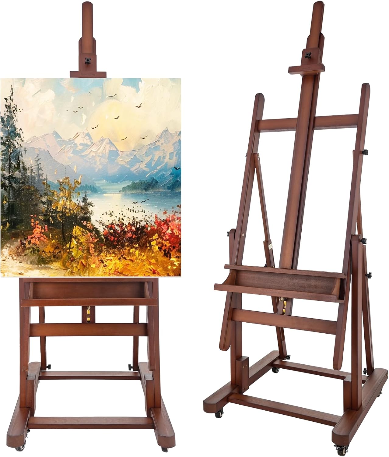 Falling in Art Extra Large H-Frame Studio Easel, Solid Beechwood Artist Easel with Storage Tray, Adjustable Canvas Holder Stand with Rolling Wheels for Painting Adult (Walnut)