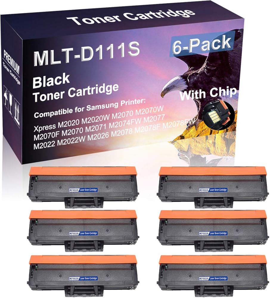 6 Pack (Black) with Chip Compatible MLT-D111S D111S Laser Toner Cartridge use for Samsung Xpress M2020 M2020W M2070 M2070W Printer (High Yield)