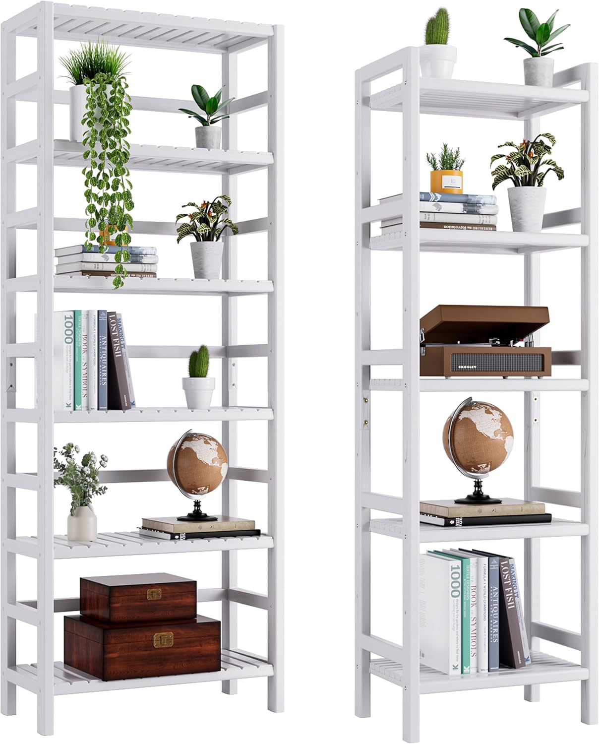 HITNET White 6-Tier Bookshelf and 5-Tier Narrow Tall Bookcase Bamboo Book Shelf Bathroom Storage Rack Freestanding Shelving Unit for Living Room, Home Office, Kitchen