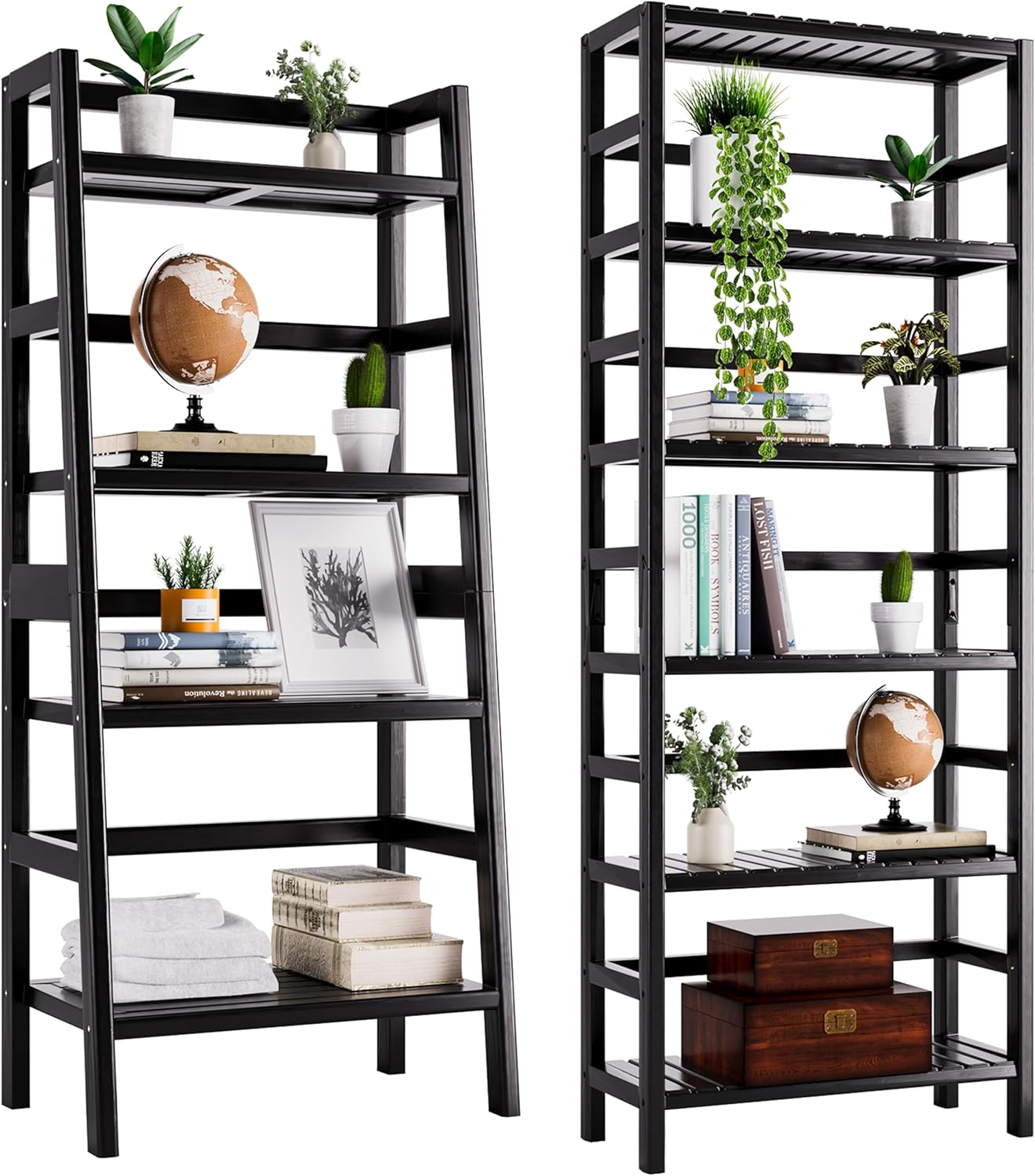 HITNET 6-Tier Tall Bookshelf and 4-Tier Ladder Shelf, Freestanding Open Bookcase Bamboo Book Shelf Bathroom Storage Shelf Unit for Small Space, Black