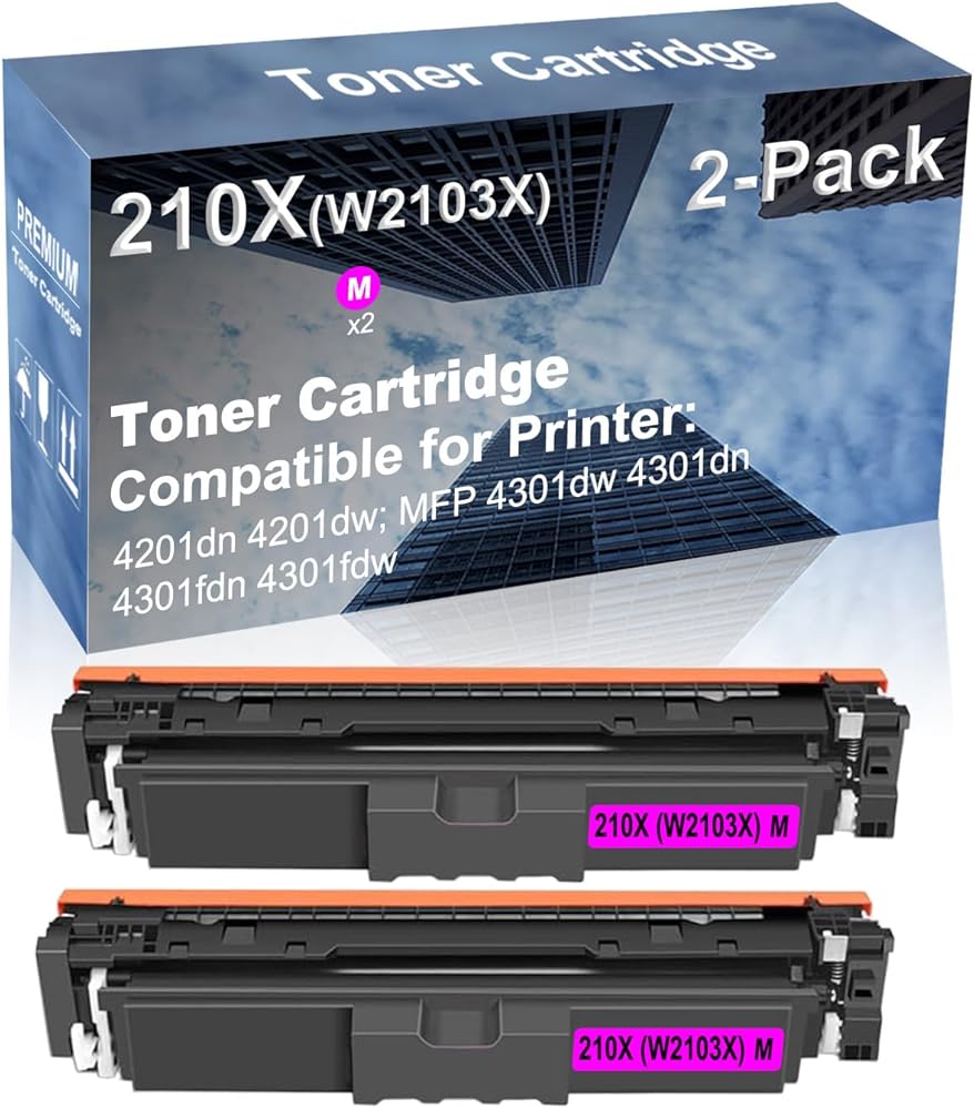 2-Pack (Magenta) Compatible High Yield 210X (W2103X) Laser Printer Toner Cartridge use for 4201dn 4201dw; MFP 4301dw 4301dn 4301fdn 4301fdw Printer (with Chip)