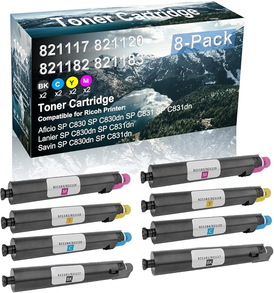 8 Pack (BK+C+Y+M) Compatible (High Yield) Savin SP C830dn SP C831dn Printer Toner Cartridge Replacement for Ricoh 821117 821181 | 821120 821184 | 821118 821182 | 821119 821183 Toner Cartridge