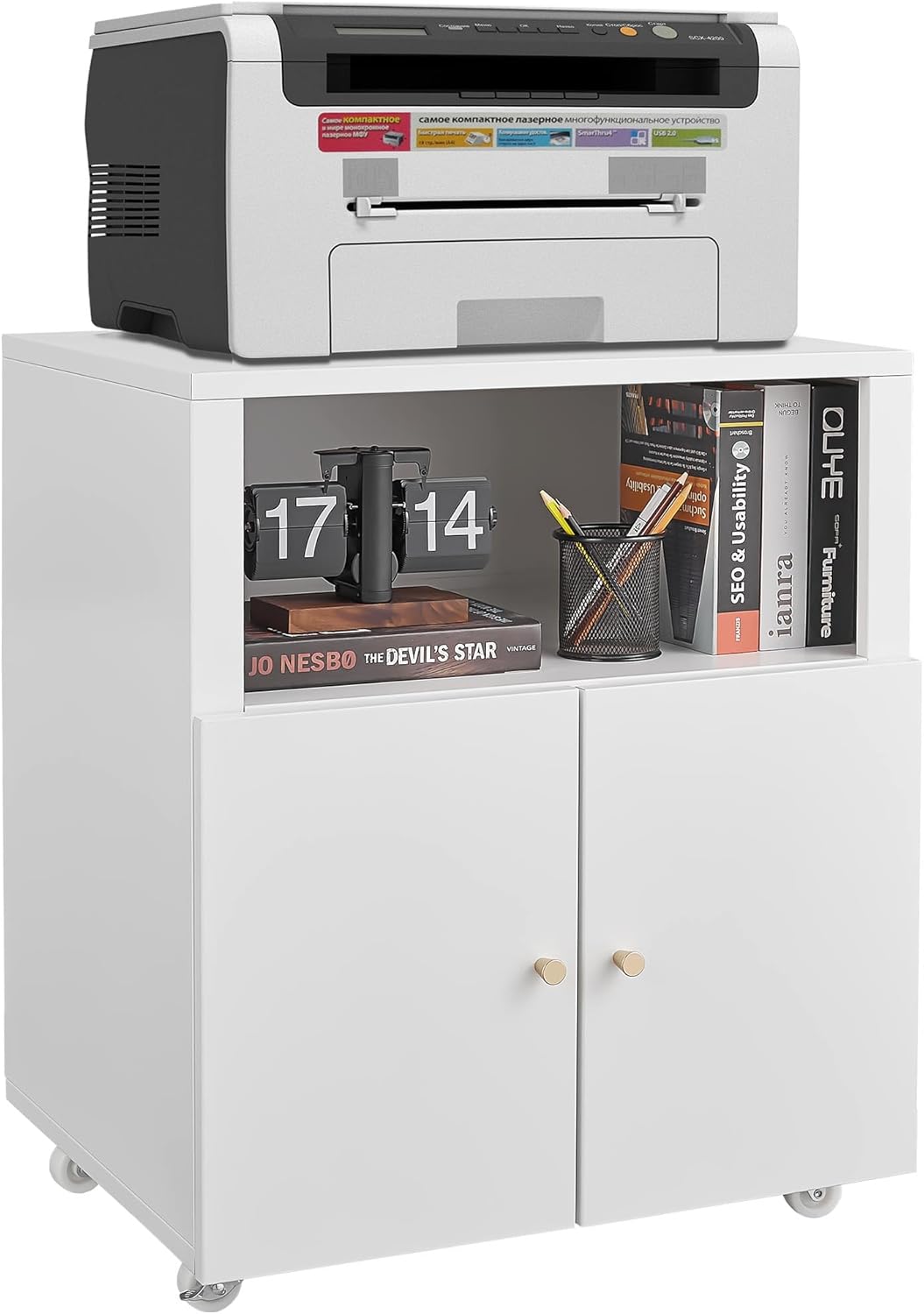GarveeLife Metal Printer Cabinet with Storage, Heavy Duty Rolling 3D Printer Stand with 2 Doors, Under Desk File Cabinet for Home Office Corner and Small Spaces White
