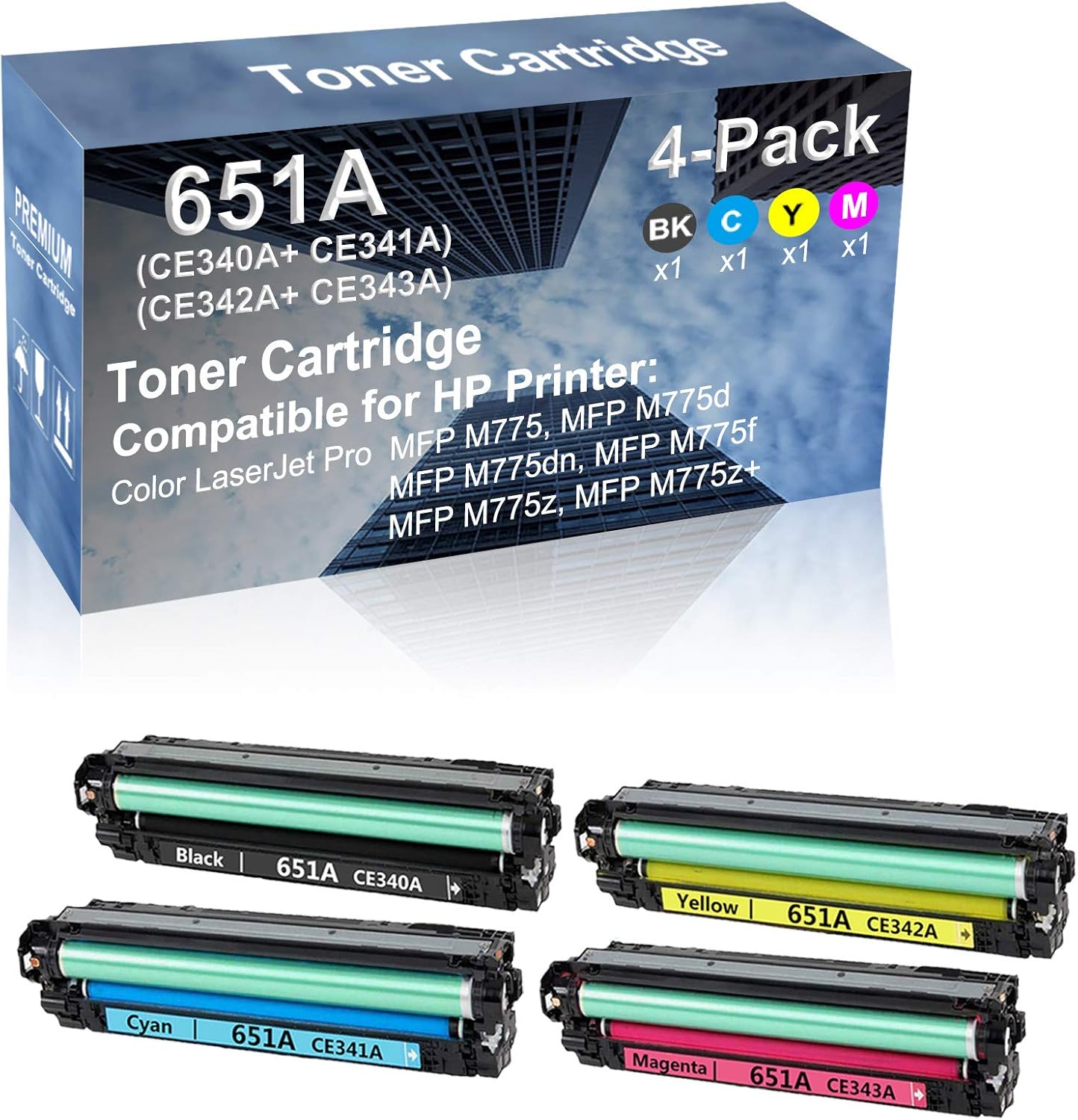 4-Pack (BK+C+Y+M) Compatible High Capacity 651A (CE340A+ CE341A+ CE342A+ CE343A) Toner Cartridge use for MFP M775, MFP M775d Printer