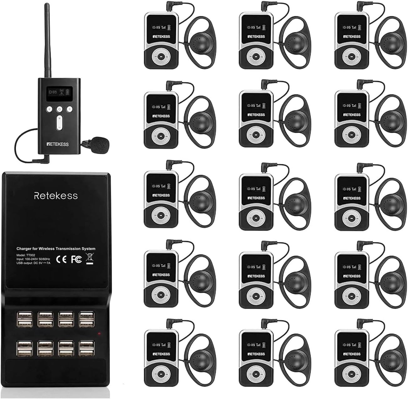 Retekess T130S(2nd Gen T130) Church Translation System, Tour Guide Microphone and Speaker, 100m Longer Working Range, Plant Tour Headsets with Charging Base(1 TX 15 RX)