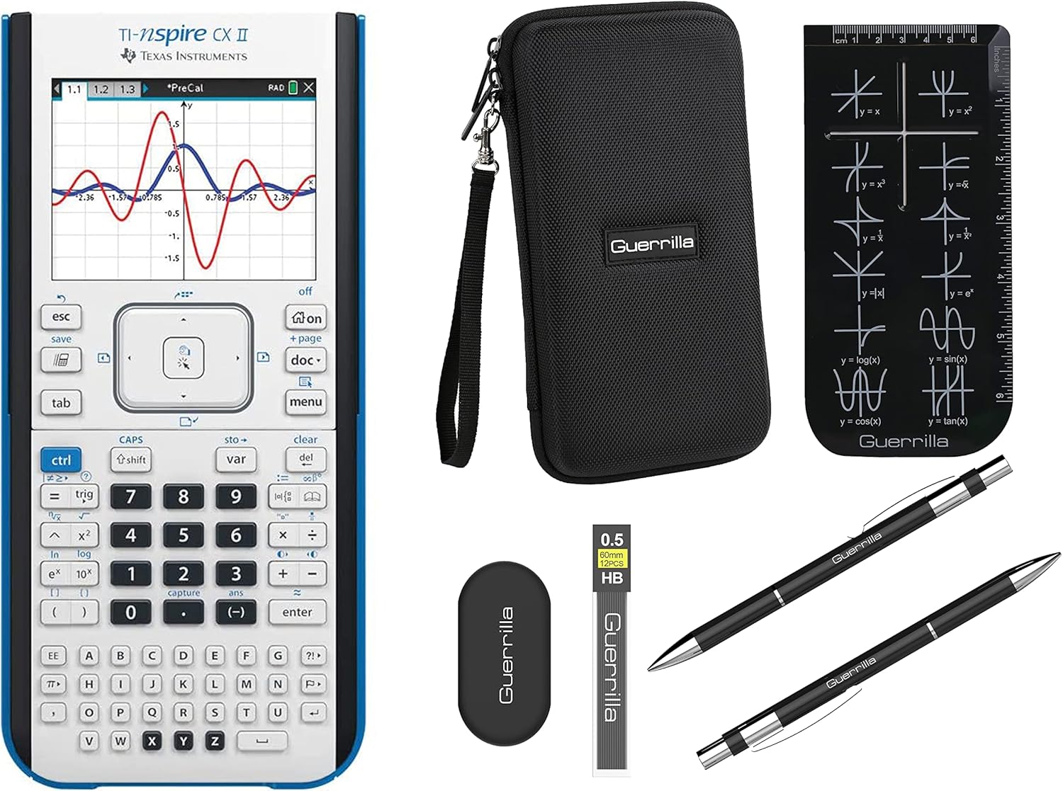 Texas Instruments Ti Nspire CX II Graphing Calculator + Guerrilla Zipper Case + Essential Graphing Calculator Accessory Kit, Black