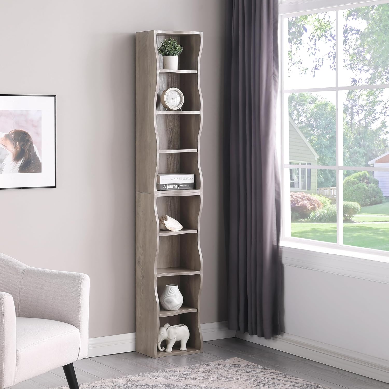 roomfitters 8-Tier Tall Narrow Bookcase with Wavy Edge Design, Adjustable Shelves Slim Bookshelf for Living Room or Office, Gray