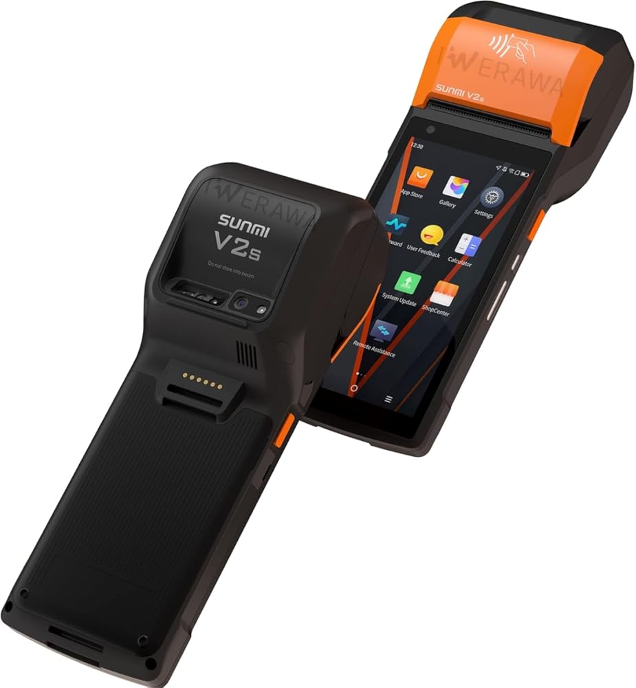 IWIRA Sunmi V2s POS Terminal with Receipt Printer, Speaker, Camera and Barcode Scanner All in One Handheld PDA Printer, Android 12.0 System, Support 4G, WiFi and Bluetooth, Orange, Black