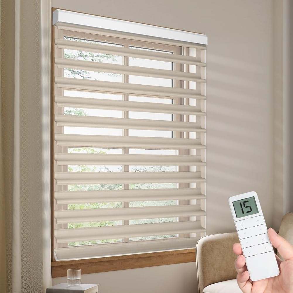 Tokblind Motorized Shangri-La Sheer Shade with Remote Control, Blackout Electric Roller Blinds Compatible with Alexa via Hub, Rechargeable Smart Window Shade Custom Size(Blackout Coffee)