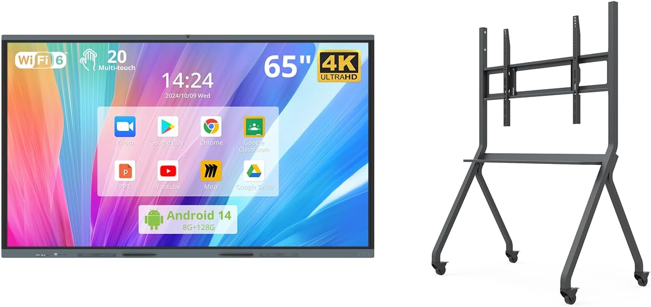 HUSHIDA 65″ Smart Board, 4K UHD Interactive Whiteboard with Android 14 System and 13MP Camera, All in One Digital Whiteboard for Home, Classroom and Business (with Protable Stand)