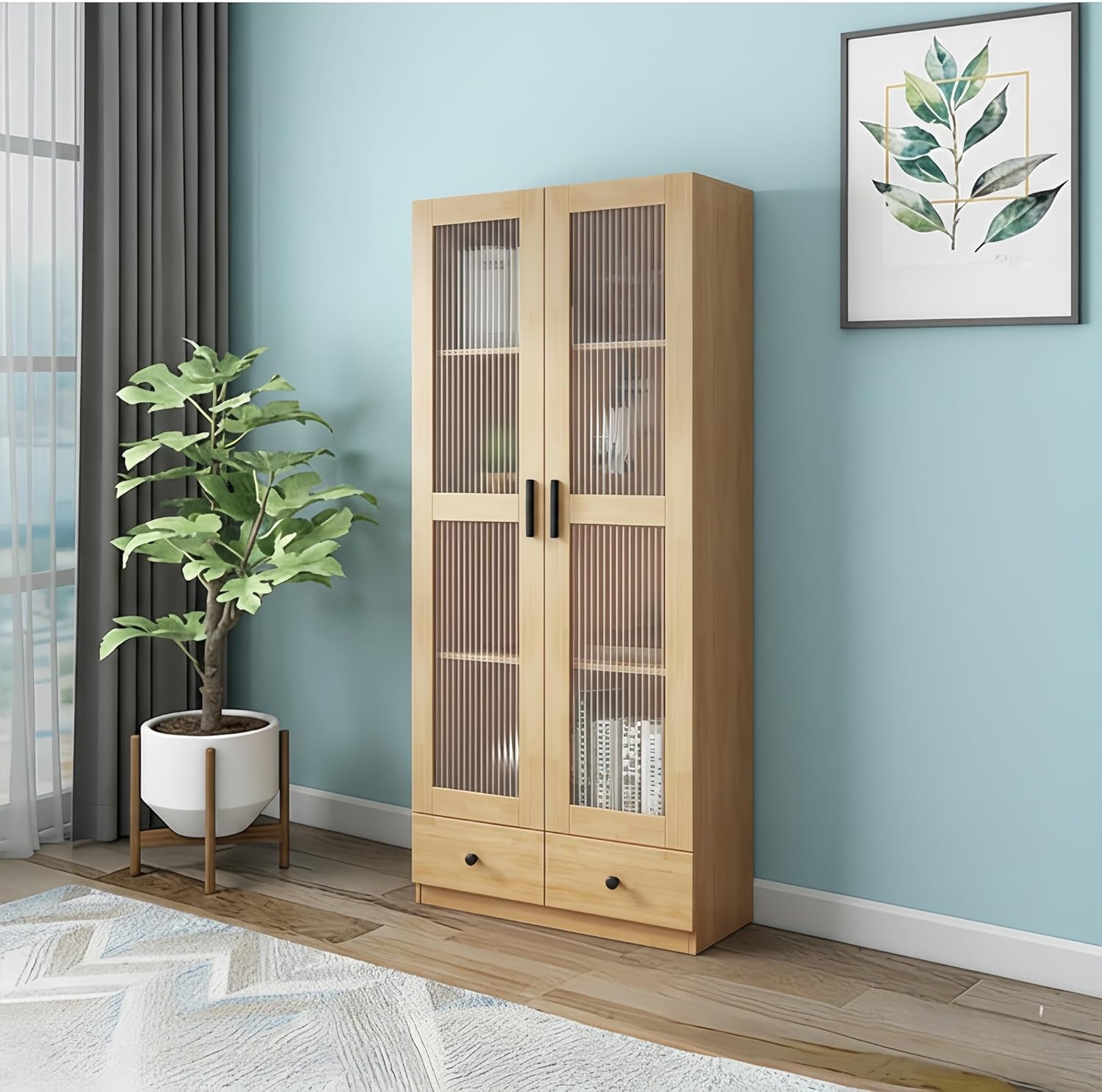 FUKEFUZ Bookcase with Fluted Glass Doors, Solid Wood Storage Unit with Adjustable Shelves & Drawers, Mid-Century Modern Display Shelf for Home Office, Living Room, Anti-Tipping(Natural,W/dra.)