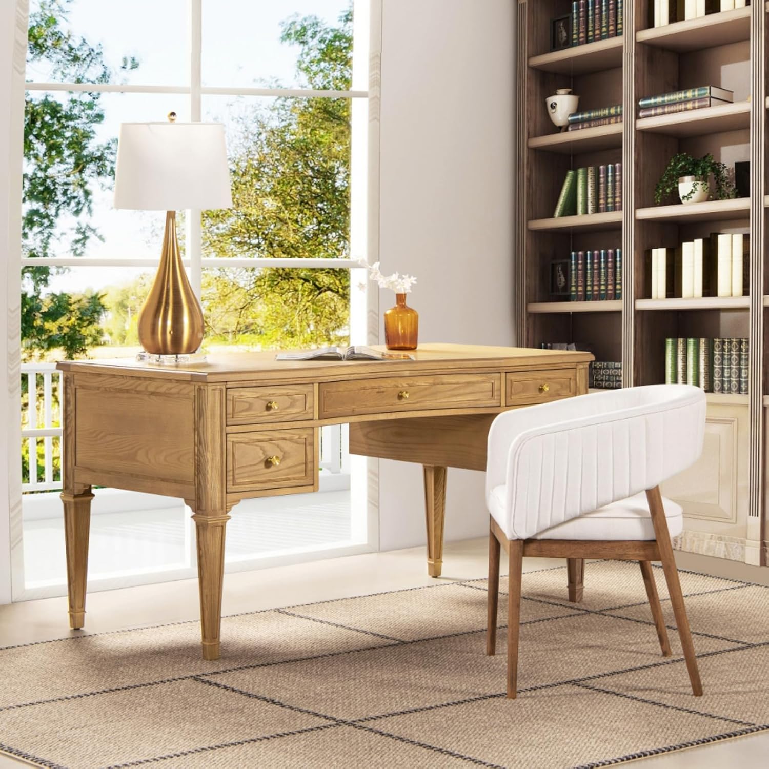 Hassyee Elegant Design Wood Home Office Desks with Soft-Close Satin-Gold Drawers, Modern Executive Desk with Ample Storage Space for Organization (5-Drawer)