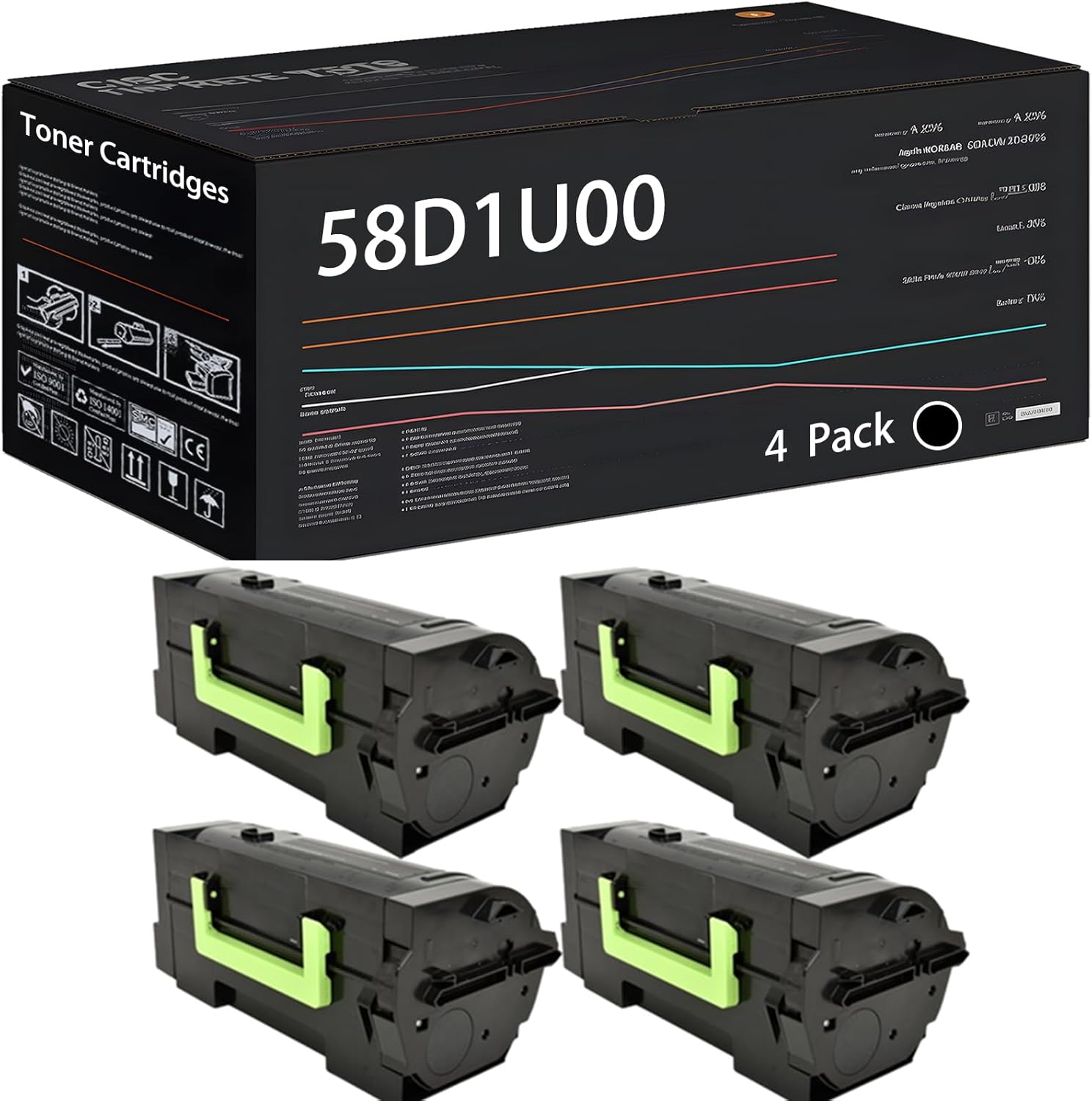 UVUMB 58D1U00 Toner Cartridges Compatible for Lexmark MS725dvn MS823dn MS823n MS825dn Printers, with Chip, High Yield 56000 Pages, High-Definition Printing (4 Pack Black)