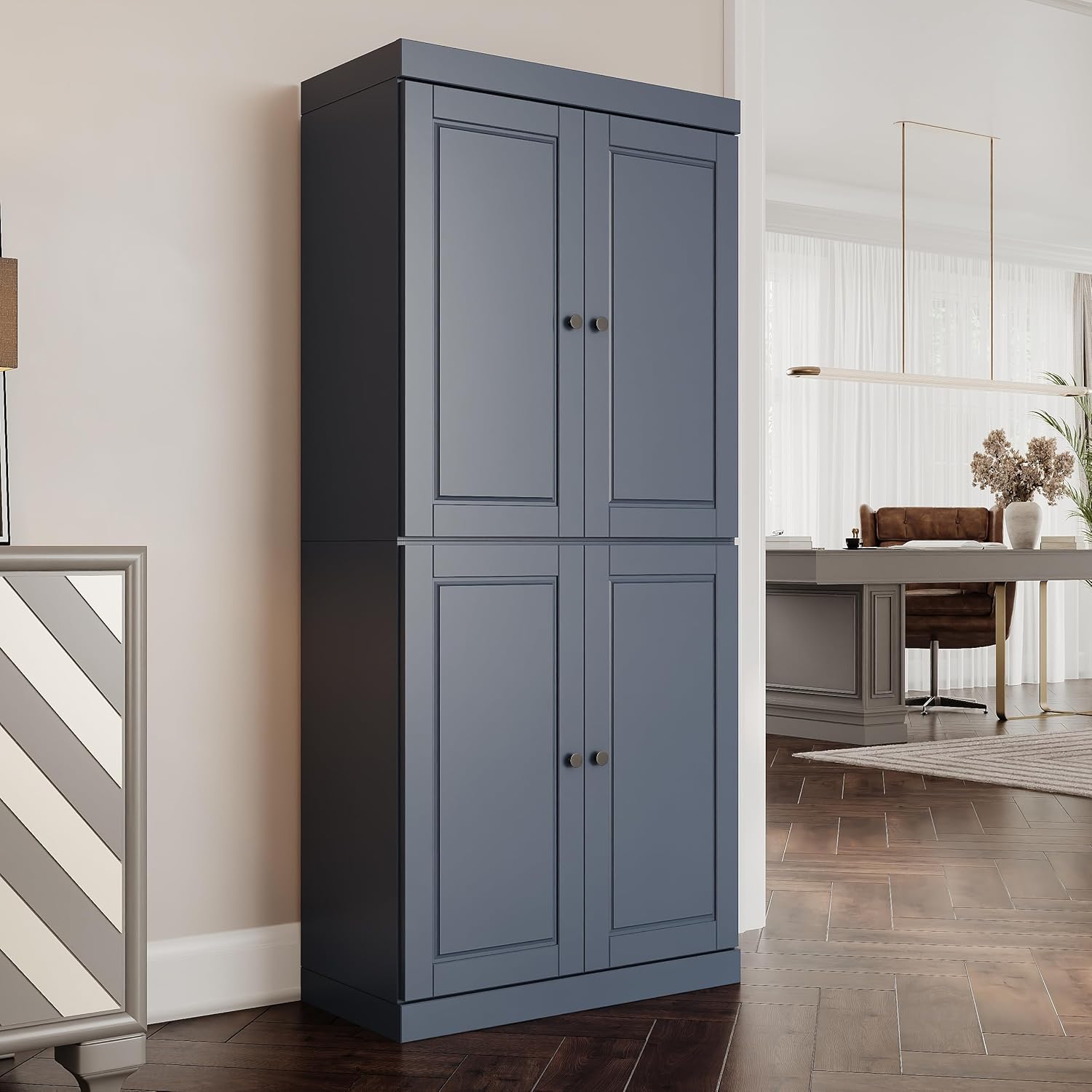 Palace Imports Solid Wood Bookcase - 6-Shelf Tall Bookshelf, 71.5” H x 32” W - Antique Blue, Wooden Cabinet Doors, Adjustable Shelves, 100% Renewable Eco-Friendly Wood, Made in Brazil