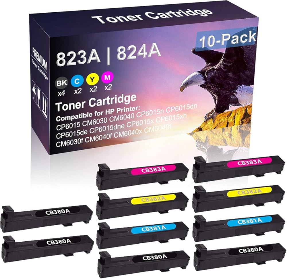 10 Pack (4BK+2C+2Y+2M) Compatible High Yield 823A 824A | CB380A CB381A CB382A CB383A Laser Printer Toner Cartridge use for HP CP6015 CM6030 CM6040 Series Printer
