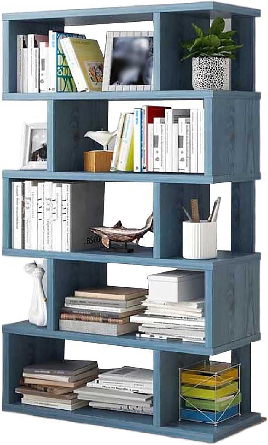 EXCEI Modern S Shaped Bookshelf,Multifunctional Open Cube Book Organizer for Living Room,Multifunctional Freestanding Storage Shelving,6-Tier Wooden Bookcase-Navy a 80x20x158cm(31x8x62inch)