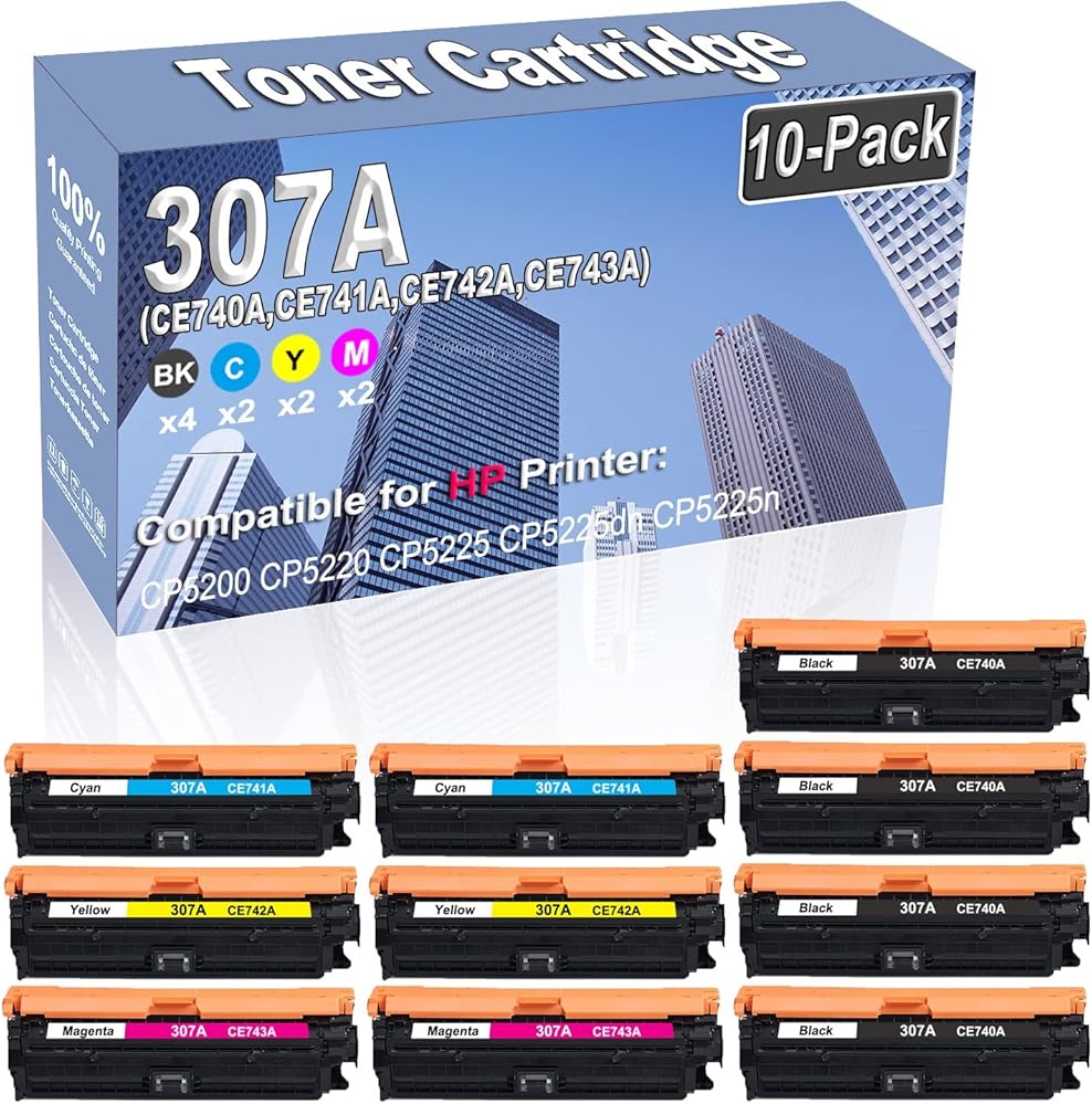 10-Pack (4BK/2C/2Y/2M) Compatible High Capacity 307A (CE740A CE741A CE742A CE743A) Toner Cartridge Used for HP CP5200 CP5220 CP5225 CP5225dn CP5225n Printer