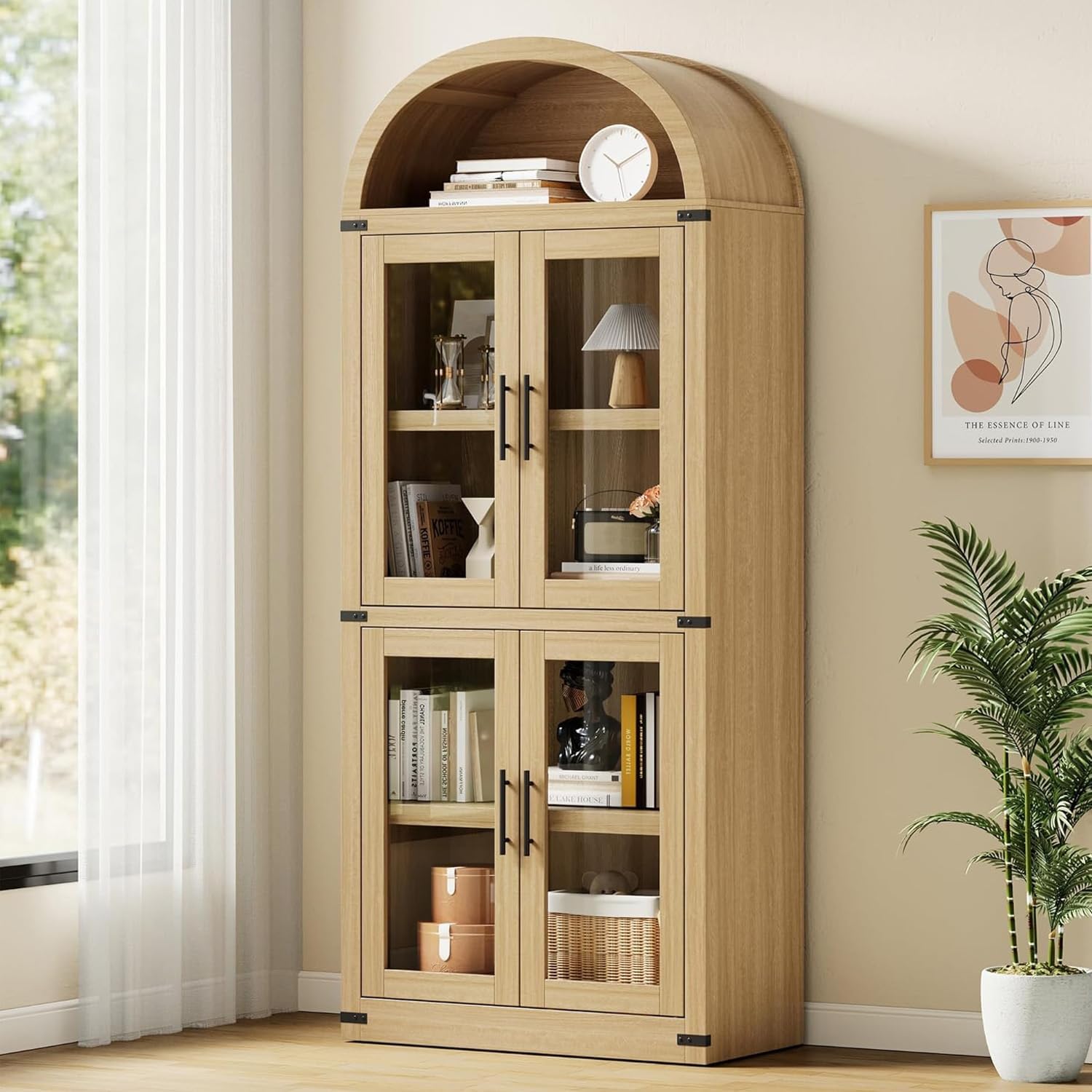 GarveeHome Arched Bookshelf with Doors Farmhouse Bookcase 15.83 in Depth Display Storage Shelves 71.4 in Tall Wooden Display Cabinet Rounded Bookcases for Living Room, Kitchen, Office (Light Oak)