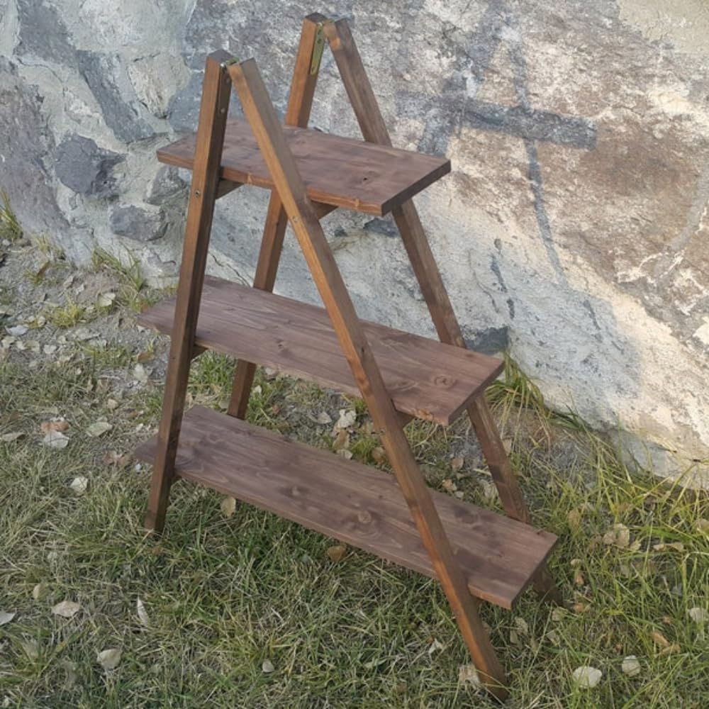 Brown Foldable Ladder Shelf, 3 Tier Wooden Bookcase, Freestanding Shelf Unit, Minimalaist Display Shelf, Standing Book Shelves, 32 