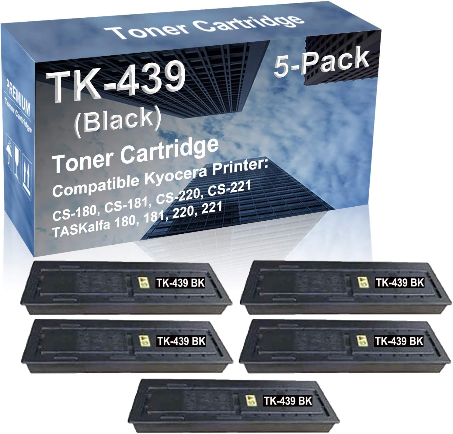 5-Pack Compatible High Capacity TASKalfa 180, 181, 220, 221 Printer Toner Cartridge Replacement for Kyocera TK439 (TK-439) Printer Cartridge (Black)
