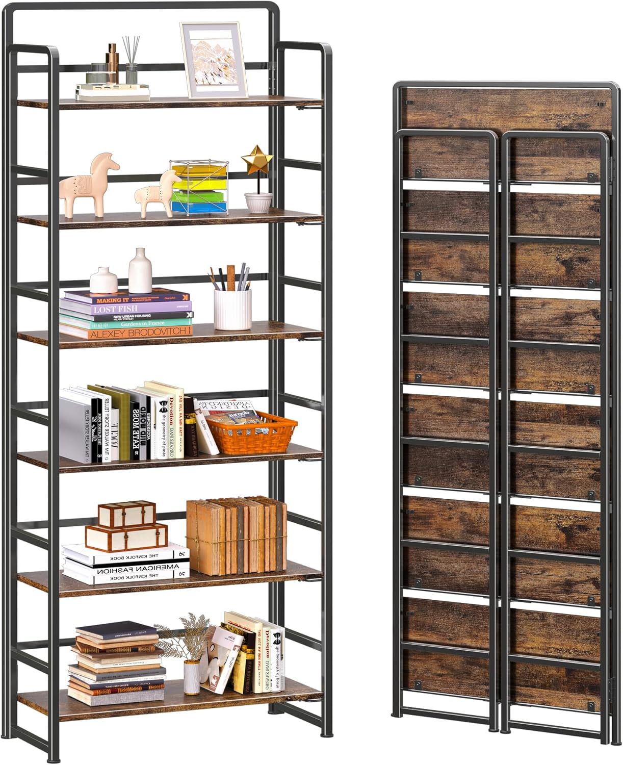 4NM No Assembly 6 Tiers Folding Bookshelf Storage Shelves Vintage Bookcase Standing Racks Study Organizer Home Office (Rustic Brown Black)