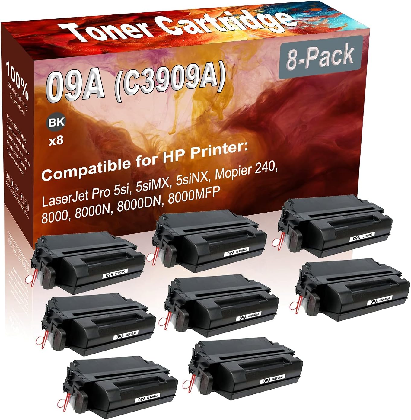 8-Pack (Black) Compatible 09A (C3909A) Printer Toner Cartridge (High Capacity) fit for HP 5si, 5siMX, 5siNX, Mopier 240, 8000, 8000N, 8000DN, 8000MFP Printer
