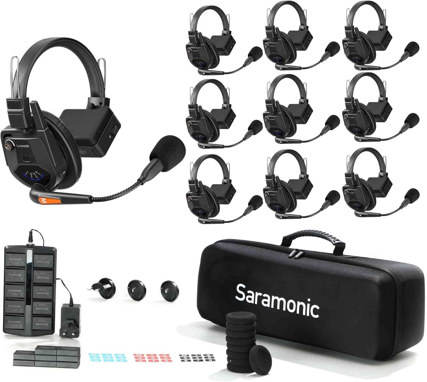 Saramonic WiTalk9-9S 9-Person 1.9GHz Full-Duplex Wireless Intercom System with Single-Ear Headsets, 500m Range, Expandable to 30 Users, Includes 18 Batteries, 10-Bay Charger, and Deluxe Carry Case