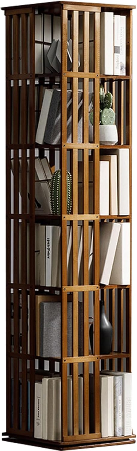 360° Rotating Bamboo Bookcase Children's Study Bookshelf Student Study Bookshelf Floor Standing Bookcase Living Room Bedroom Study Room Office Shelves (Color : Walnut Colored, Size : 178 * 37cm)